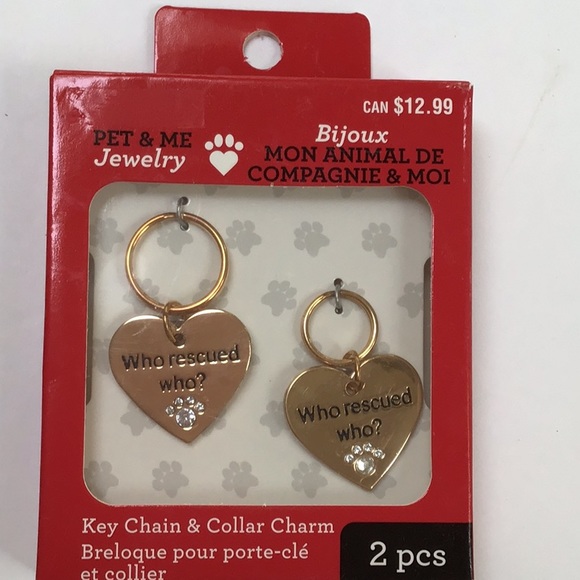 Pet & Me Set of Gold Tone Crystal Pawprint Heart Key Chain & Collar Charms NWT - Picture 2 of 7